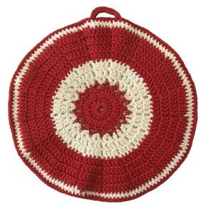Vintage Handmade Granny Crochet Potholder Pot Holder Red White Round Reversible